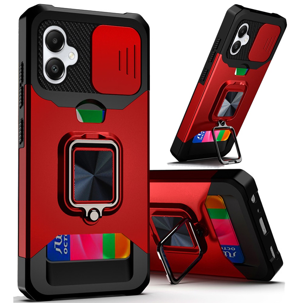Moto G Power 5G 2025/2026 Multi-Functional Card Magnetic Ring Stand Hybrid Camera Case Cover - Red 25250 - image 1
