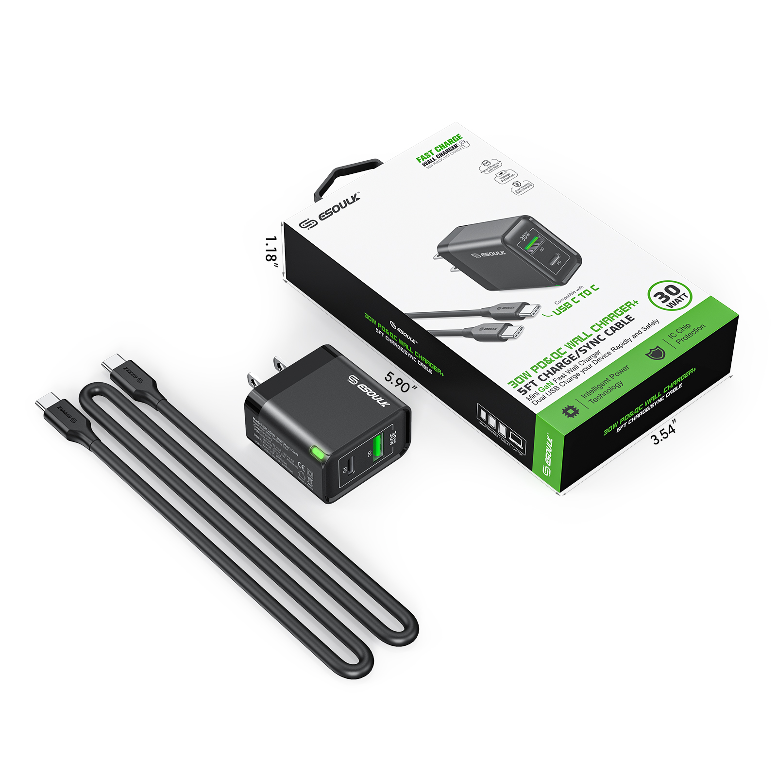 (EK-2008BK) 30W PD & QC Fast Wall Charger with 5ft USB-C to USB-C Cable | Black 13104 - image 1