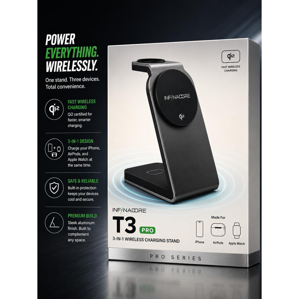 InfinaCore T3 Pro 3 in 1 Qi2 Wireless Charging Stand 15W - BLACK FROST  (A3 INFINACORE-7) 37381 - image 1