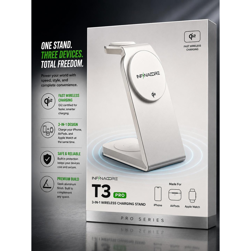InfinaCore T3 Pro 3 in 1 Qi2 Wireless Charging Stand 15W - SILVER CREST (A3 INFINACORE-8) 37382 - image 1