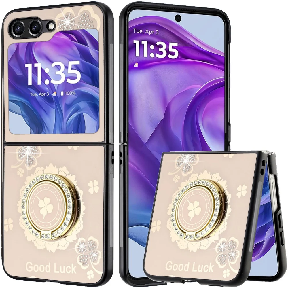 Moto Razr 2024 Splendid Diamond Glitter Ornaments Engraving Case Cover - Good Luck Floral Gold 14767 - image 1