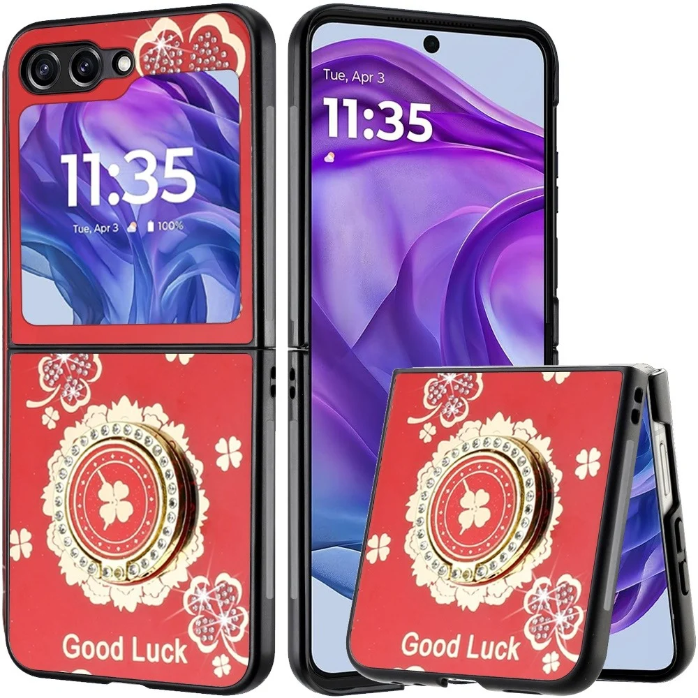 Moto Razr 2024 Splendid Diamond Glitter Ornaments Engraving Case Cover - Good Luck Floral Red 14769 - image 1