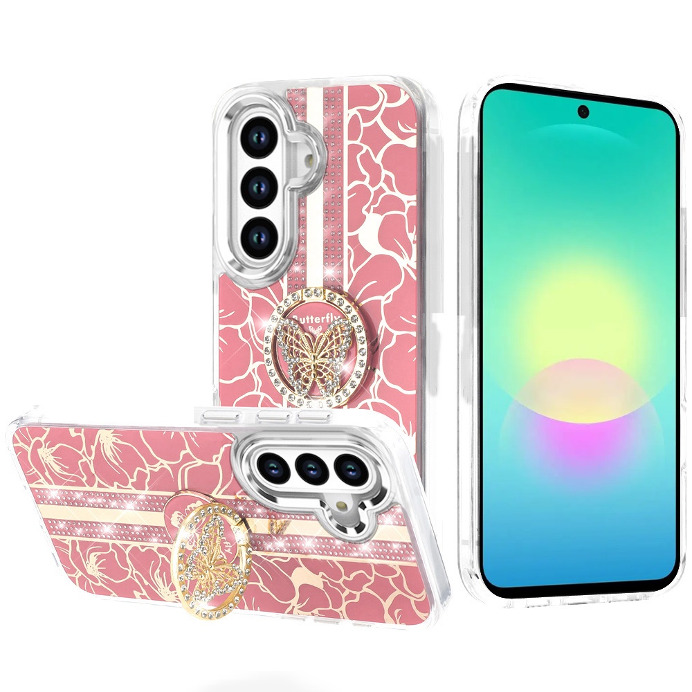Samsung Galaxy A27 Splendid Floral Designs with Metal Camera and Buttons with Butterfly Ring Stand Hybrid Case - Light Pink 37178 - image 1