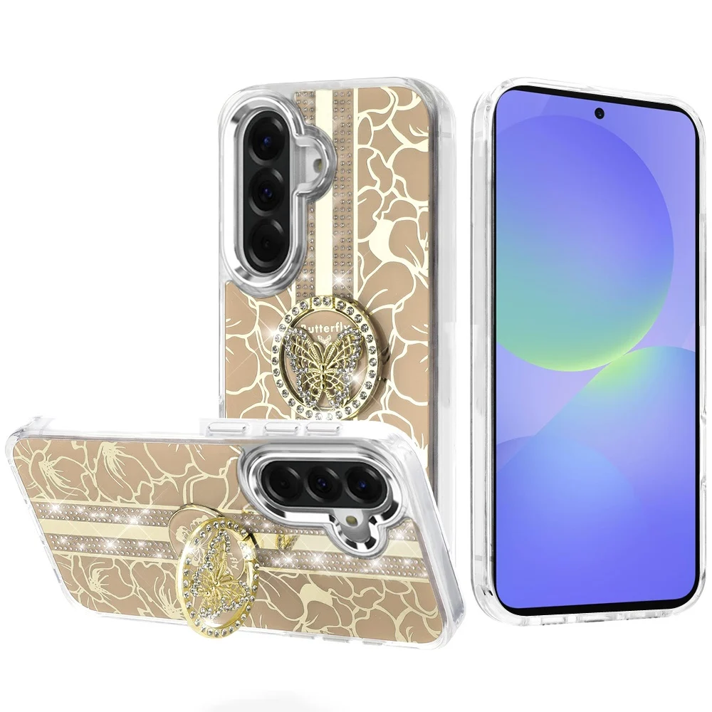 Samsung Galaxy A27 Splendid Floral Designs with Metal Camera and Buttons with Butterfly Ring Stand Hybrid Case - Gold 37175 - image 1