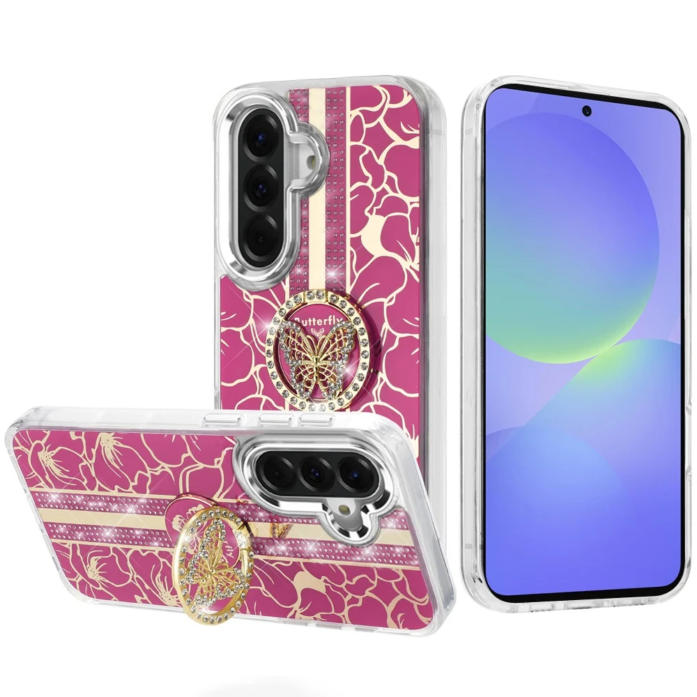 Samsung Galaxy A27 Splendid Floral Designs with Metal Camera and Buttons with Butterfly Ring Stand Hybrid Case - Hot Pink 37176 - image 1