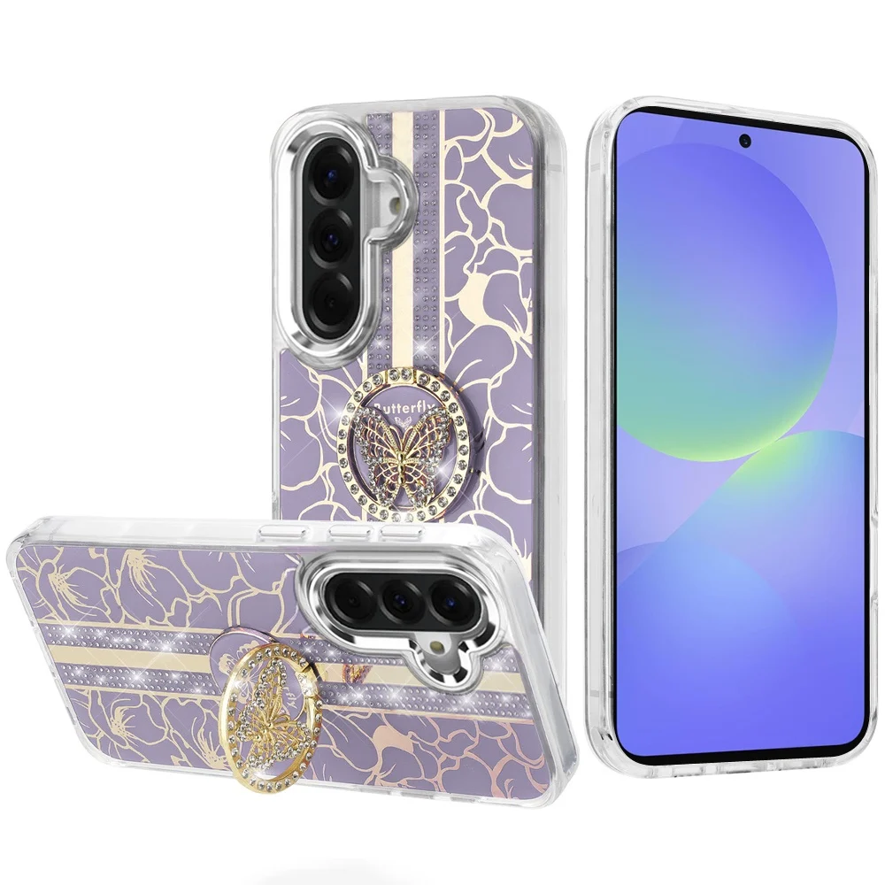 Samsung Galaxy A27 Splendid Floral Designs with Metal Camera and Buttons with Butterfly Ring Stand Hybrid Case - Purple 37179 - image 1