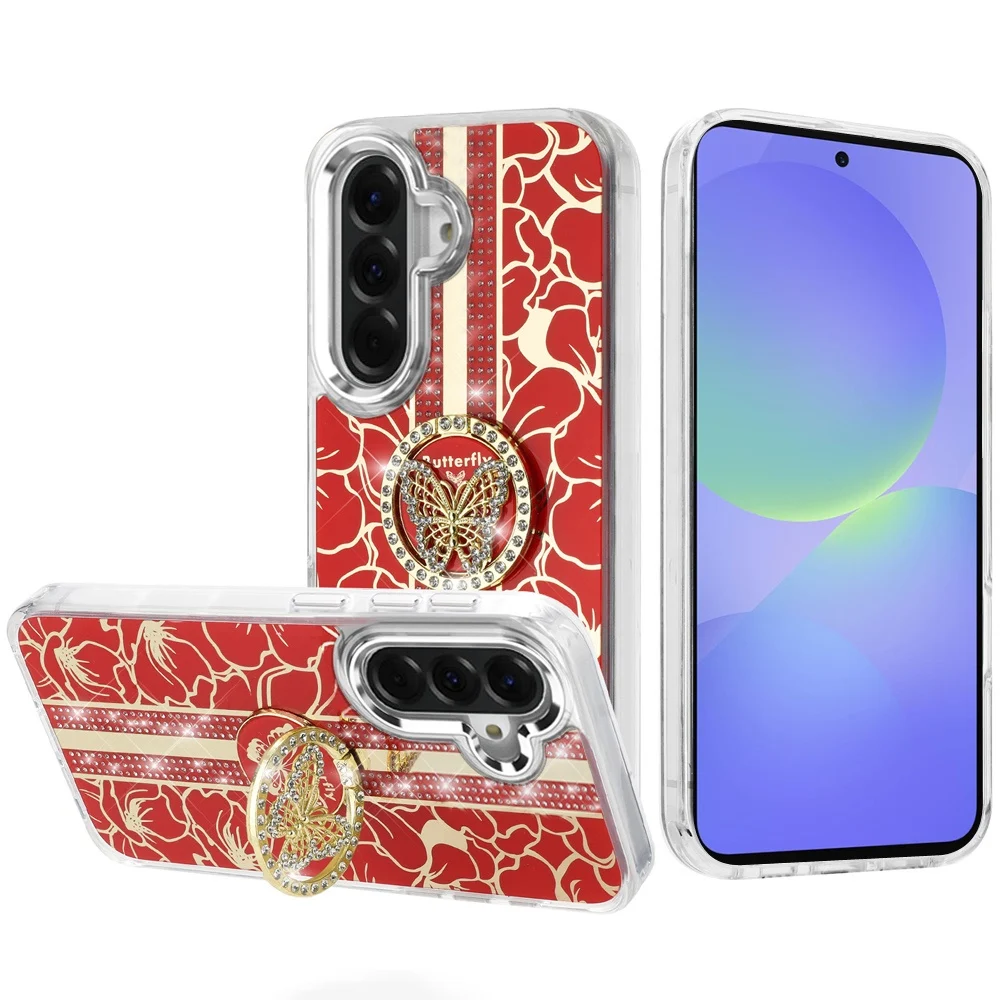 Samsung Galaxy A27 Splendid Floral Designs with Metal Camera and Buttons with Butterfly Ring Stand Hybrid Case - Red 37180 - image 1