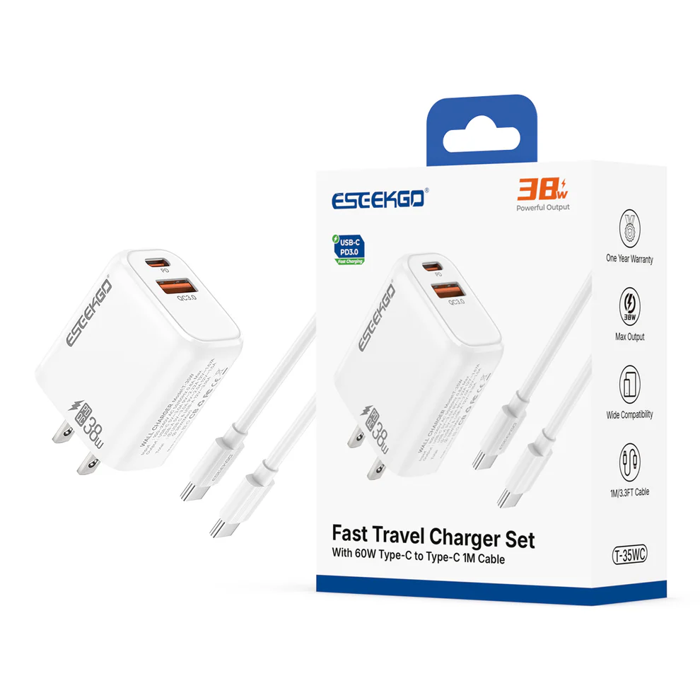 ESEEKGO T-35WC 3.0A 38W QC3.0 A+C Travel Adapter with C-C 60W 3.3FT Data Cable | White 36046 - image 1