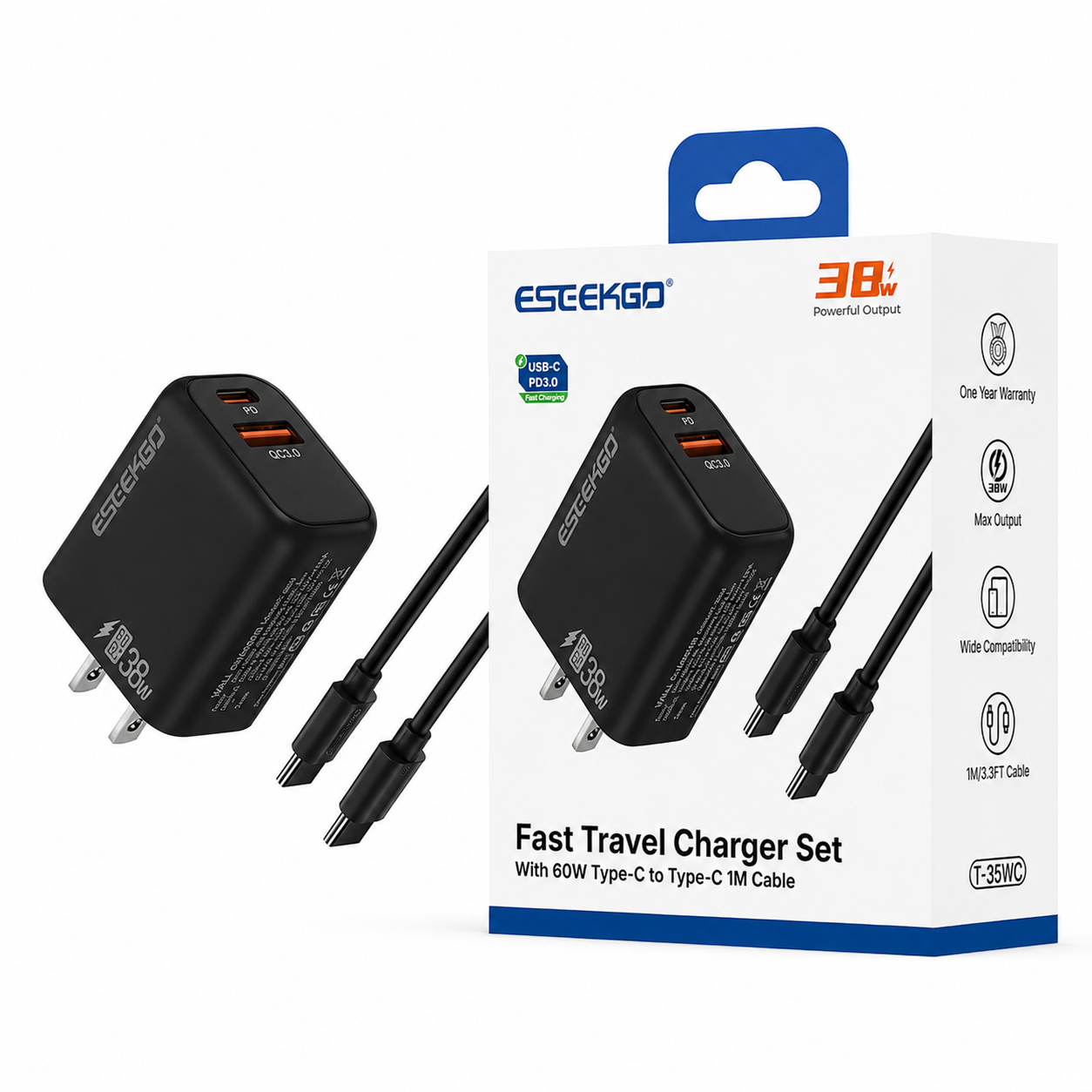 ESEEKGO T-35BC 3.0A 38W QC3.0 A+C Travel Adapter with C-C 60W 3.3FT Data Cable | Black 36047 - image 1