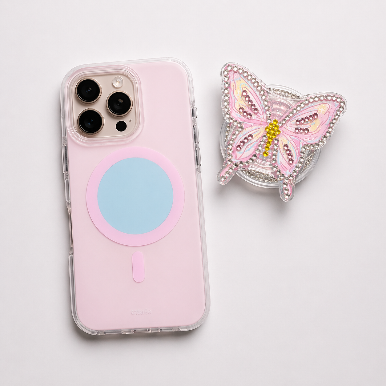 iPhone 12 Pro Max/13 Pro Max Macaron + Butterfly Magnetic Holder Case - Pink 36289 - image 1