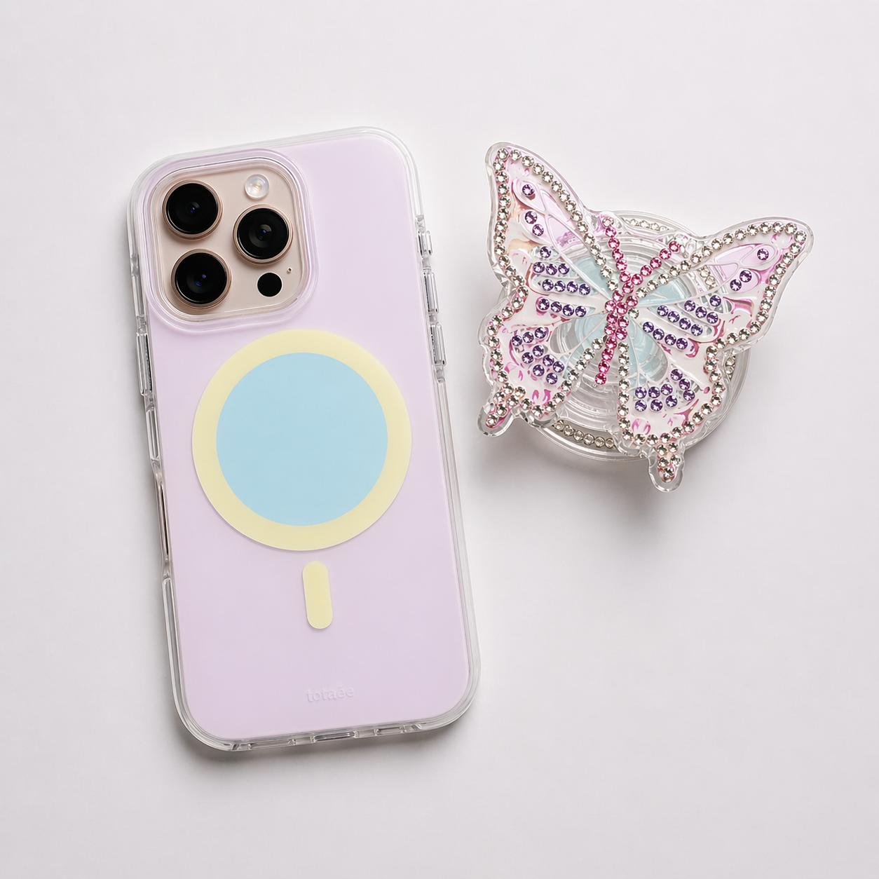 iPhone 15 Pro Max Macaron + Butterfly Magnetic Holder Case - Purple 36285 - image 1