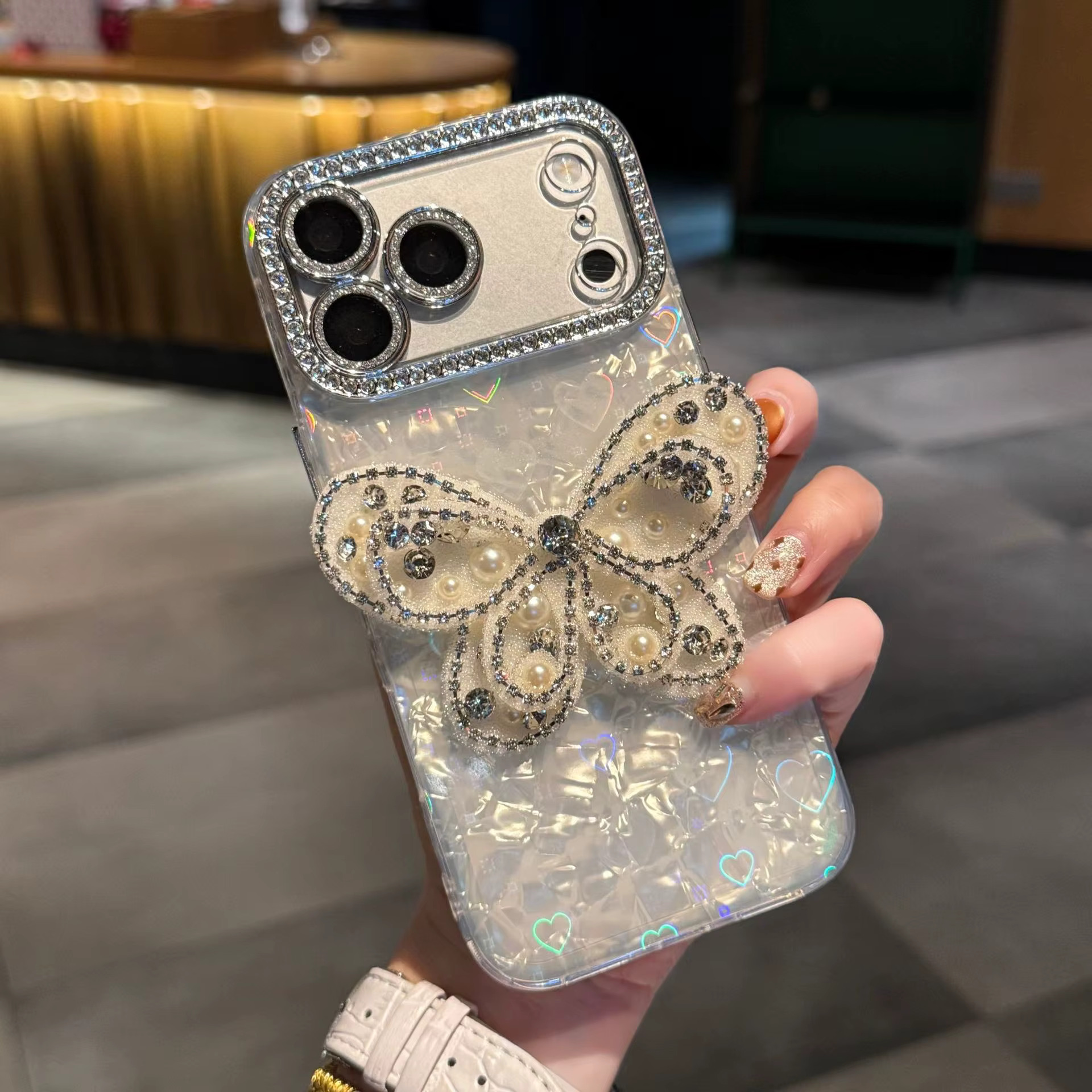 iPhone 15 Pro Max Pearl Diamond Butterfly & Shell Case - White 35634 - image 1