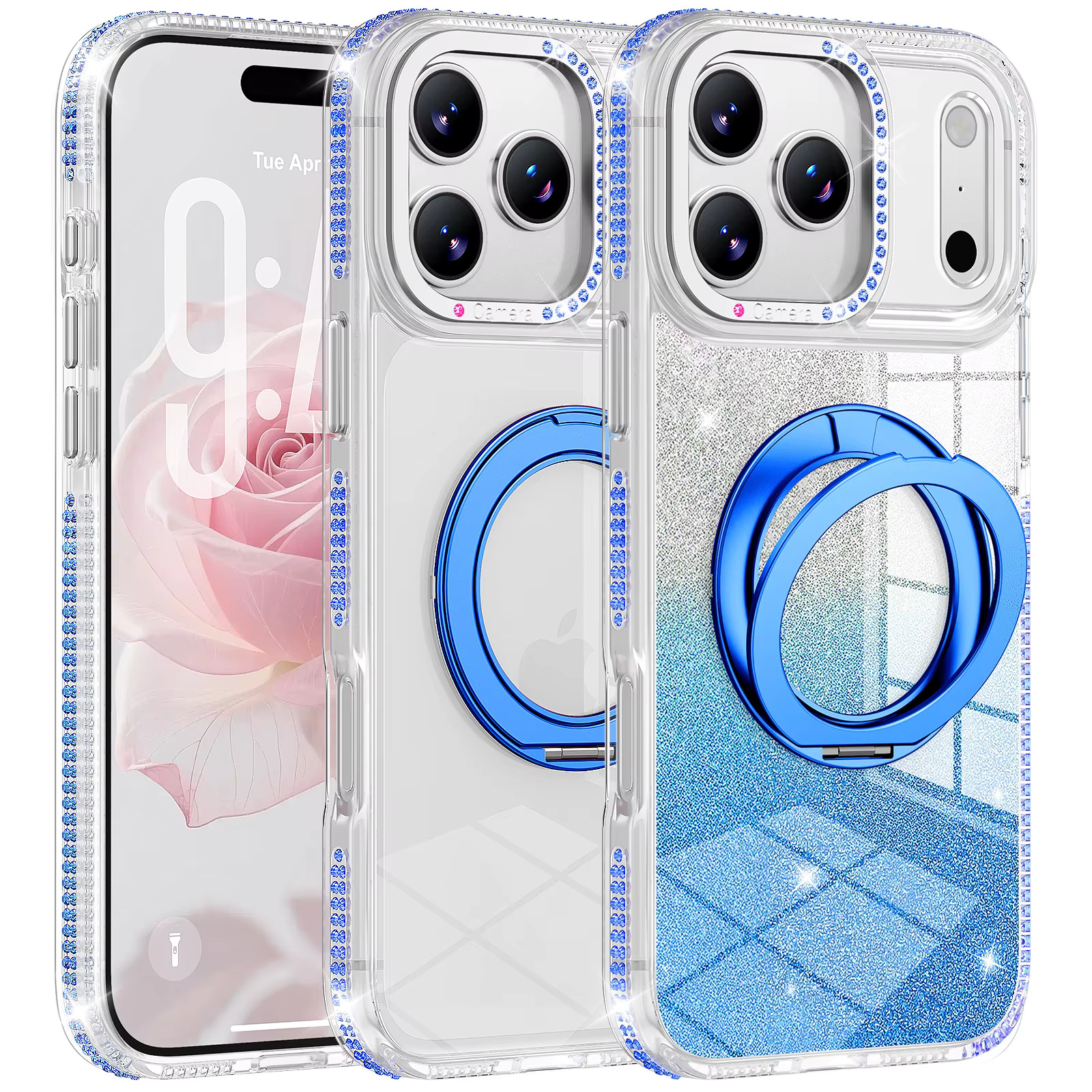 iPhone 16 Plus Rhinestone Foldable Stand Case - Blue 35719 - image 1