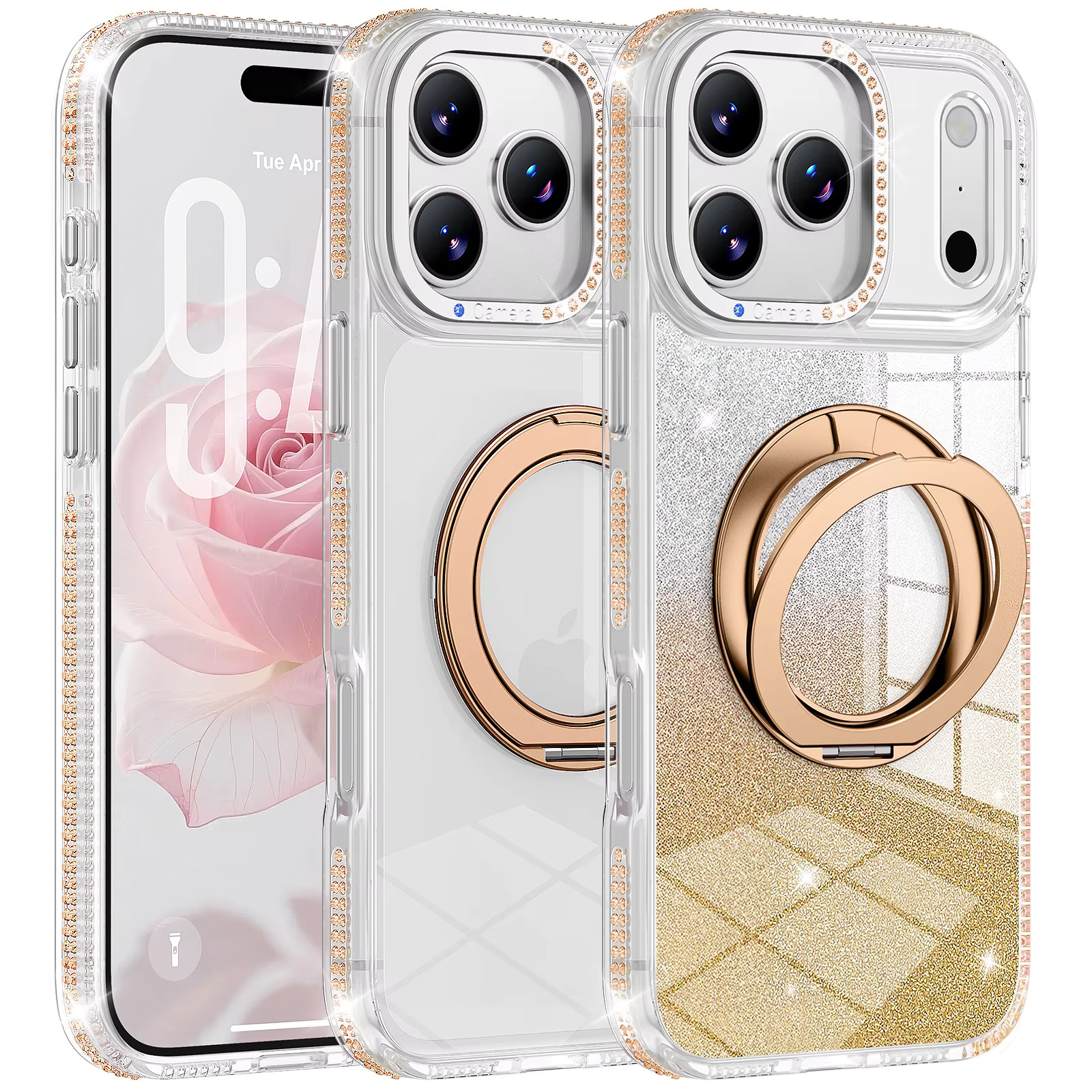 iPhone 17e/16e Rhinestone Foldable Stand Case - Gold 35725 - image 1