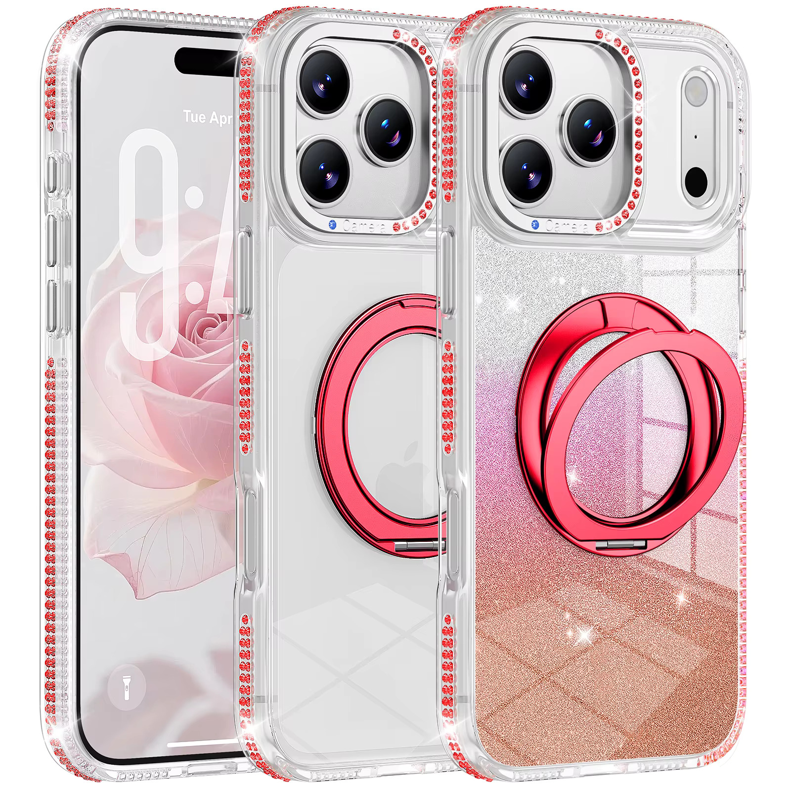 iPhone 16 Plus Rhinestone Foldable Stand Case - Red 35718 - image 1