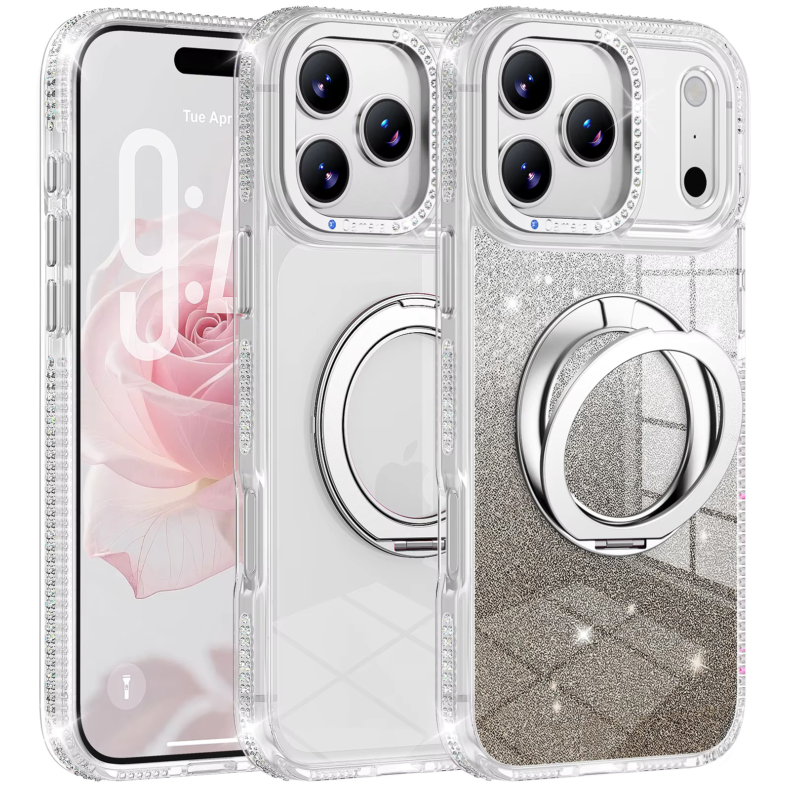 iPhone 16 Pro Rhinestone Foldable Stand Case - Silver 35712 - image 1