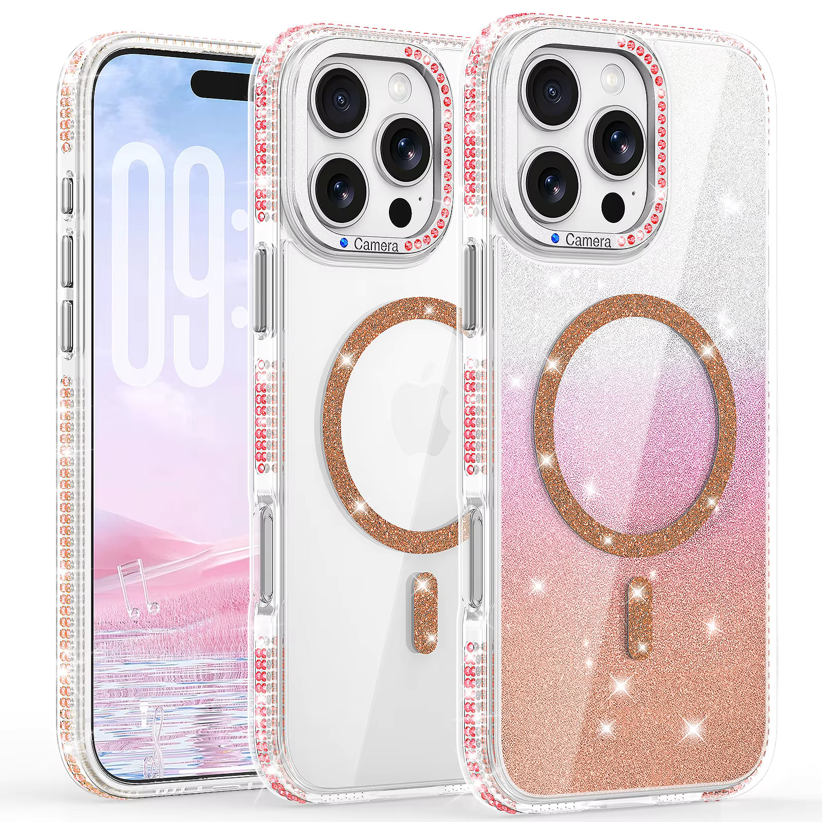 iPhone 17e/16e Rhinestone Glitter Magnetic Case - Orange 35656 - image 1