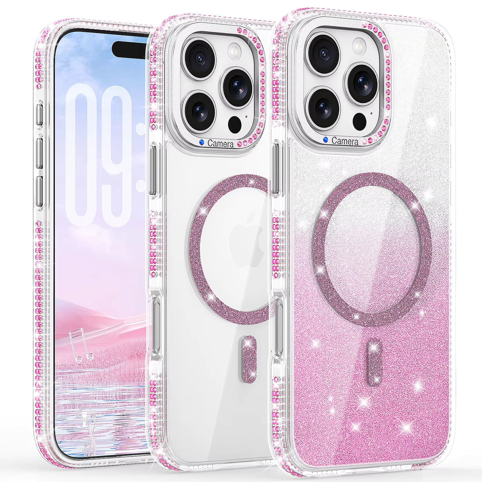 iPhone 17e/16e Rhinestone Glitter Magnetic Case - Pink 35658 - image 1