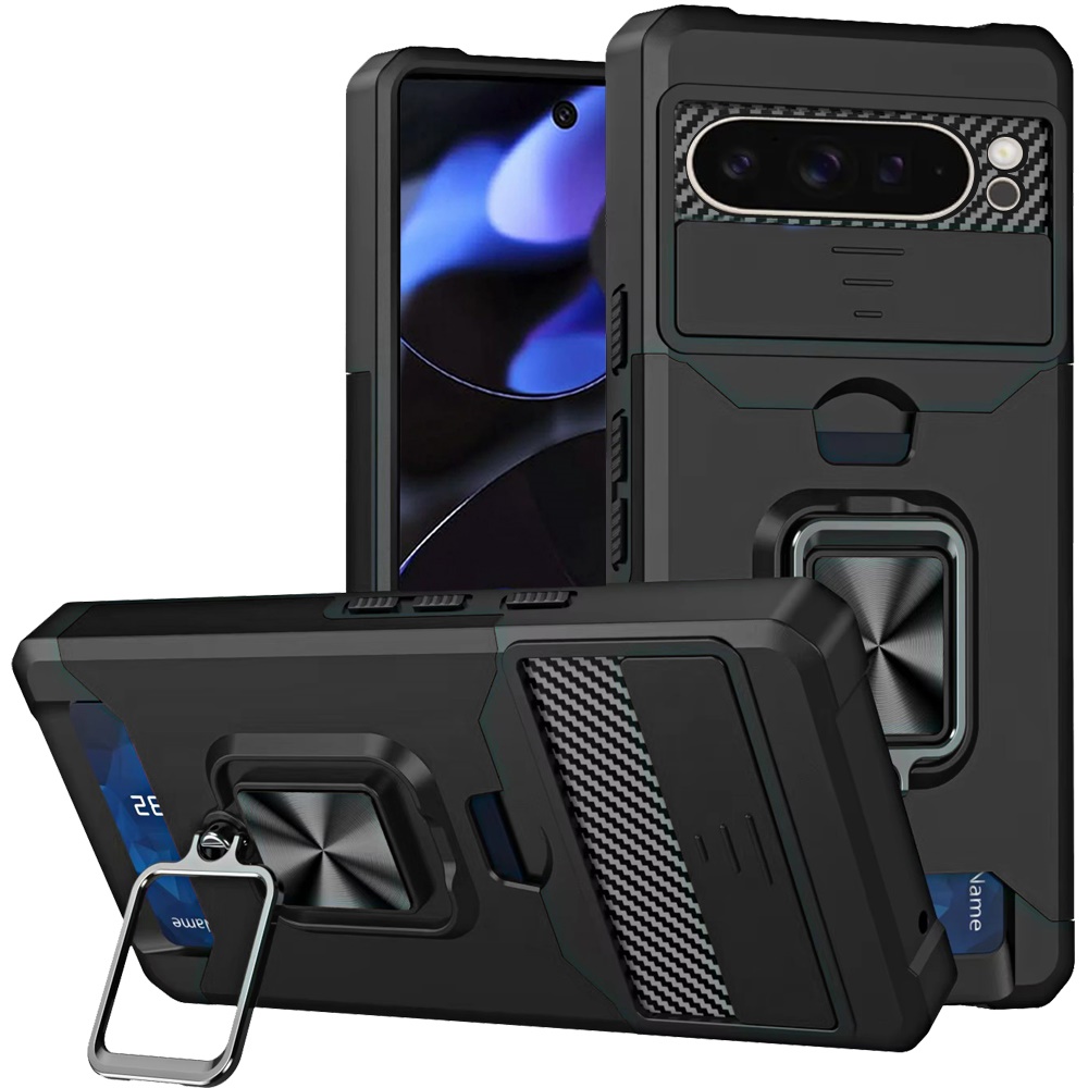 Google Pixel 11 / 11 Pro Multi-Functional Card Magnetic Ring Stand Hybrid Camera Case Cover - Black 37351 - image 1