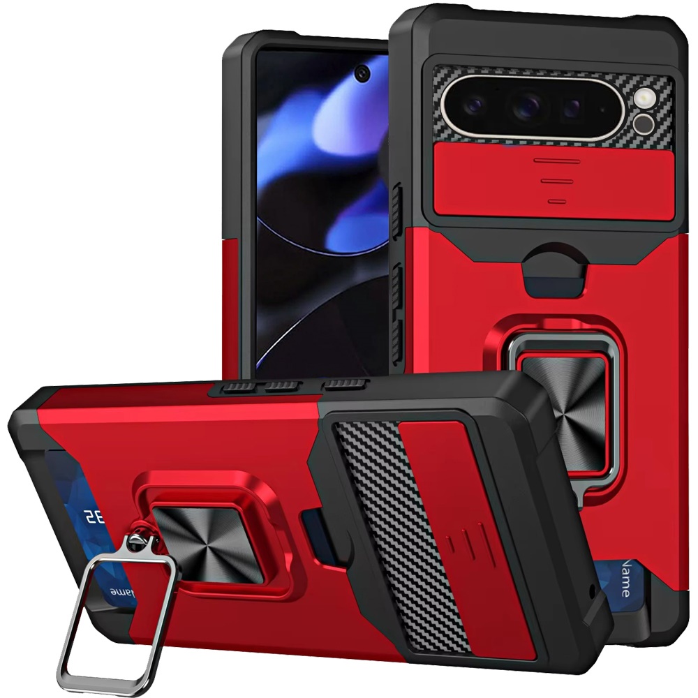 Google Pixel 11 Pro XL Multi-Functional Card Magnetic Ring Stand Hybrid Camera Case Cover - Red 37356 - image 1