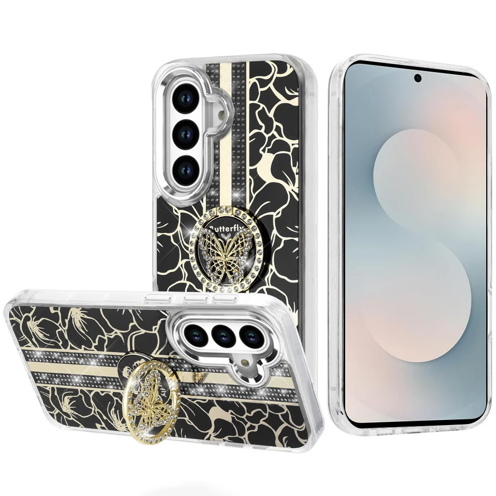 Samsung Galaxy A27 Splendid Floral Designs with Metal Camera and Buttons with Butterfly Ring Stand Hybrid Case - Black 37174 - image 1