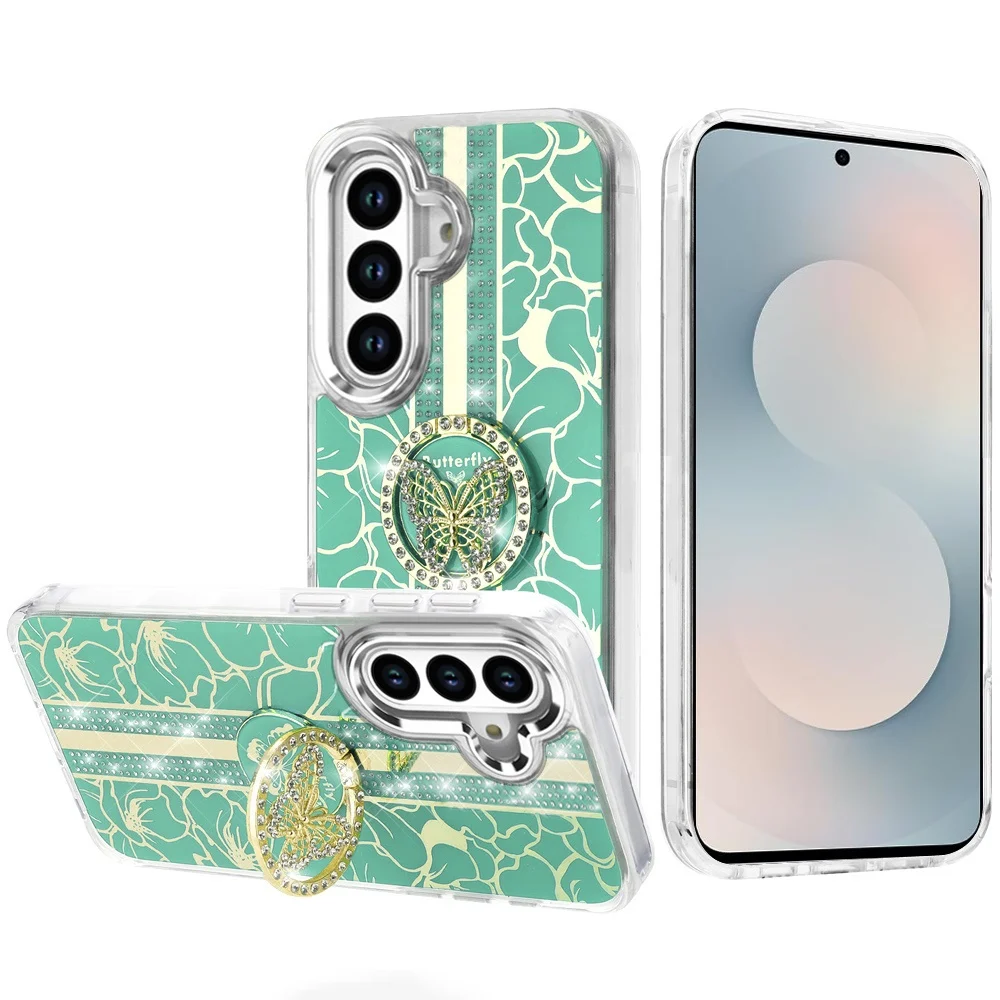 Samsung Galaxy A27 Splendid Floral Designs with Metal Camera and Buttons with Butterfly Ring Stand Hybrid Case - Light Green 37177 - image 1