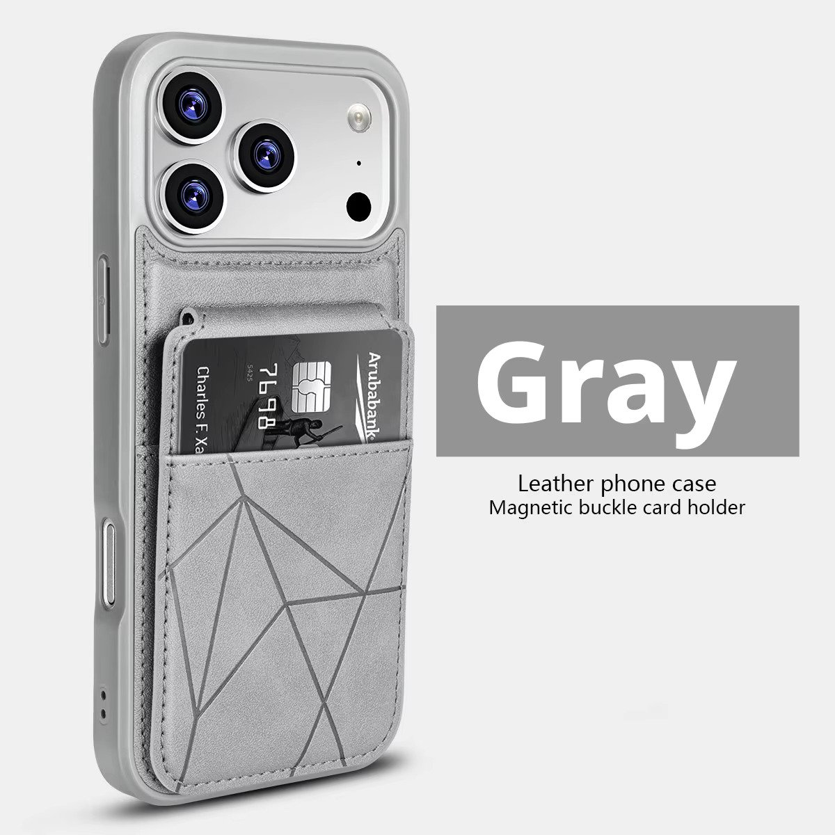 iPhone 16 Pro Max (Grey) Leather Stichted Card-Pocket Case 35601 - image 1
