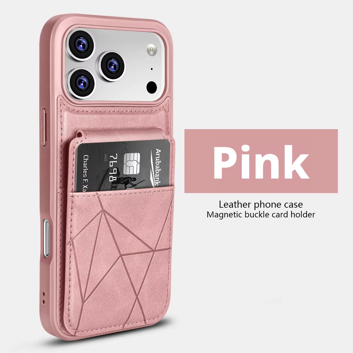 iPhone 17 Pro Max (Pink)  Leather Stichted Card-Pocket Case 35616 - image 1